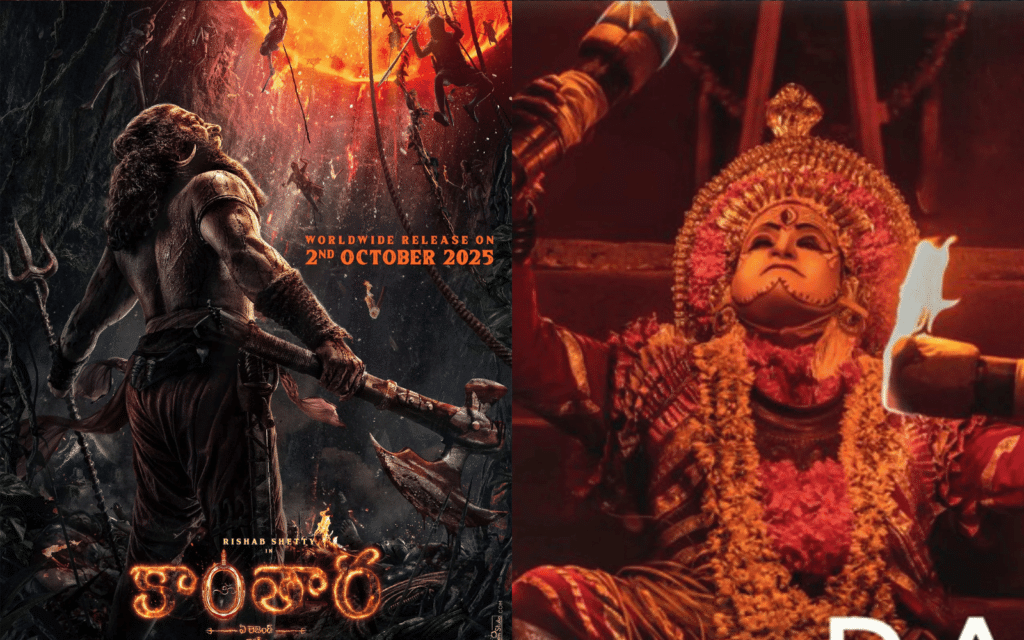 Kantara 2 poster with Rishab Shetty and cast, highlighting the movie's release date, cast, and budget details.