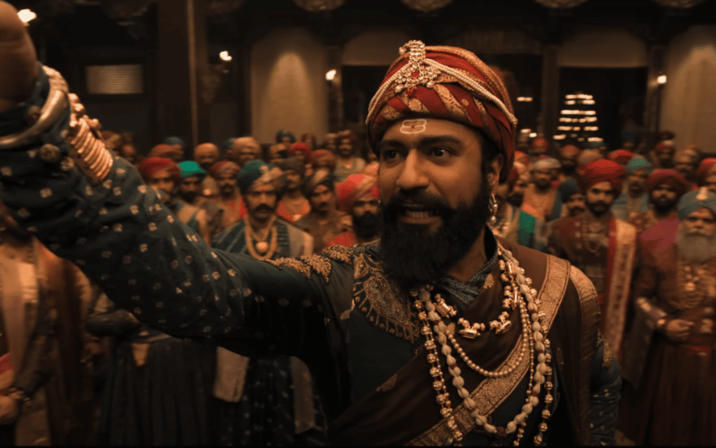 Chhaava movie review featuring Vicky Kaushal as Chhatrapati Sambhaji Maharaj in an intense historical war drama.