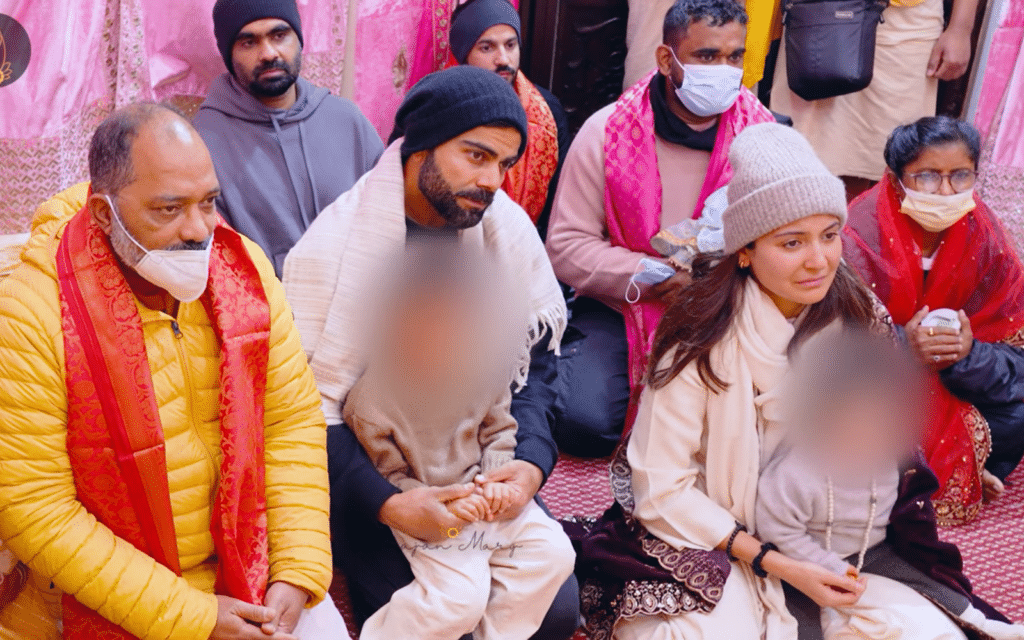 Virat Kohli and Anushka Sharma visit spiritual guru Premanand Ji Maharaj in Vrindavan Dham seeking blessings and spiritual guidance.